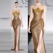 金色晚礼服宴会气质亮片鱼尾裙年会主持party高端轻奢订婚敬酒服