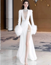 高端晚礼服裙女2025新款宴会法式气质轻奢小众高级感羽毛开叉年会