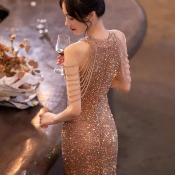 绝美金色晚礼服女2025新款高端轻奢小众主持高级感宴会订婚鱼尾裙