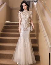 中式旗袍晚礼服裙绝美亮片高端轻奢小众高级主持成人敬酒服订婚闪