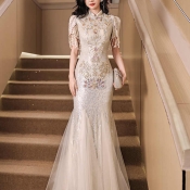 中式旗袍晚礼服裙绝美亮片高端轻奢小众高级主持成人敬酒服订婚闪